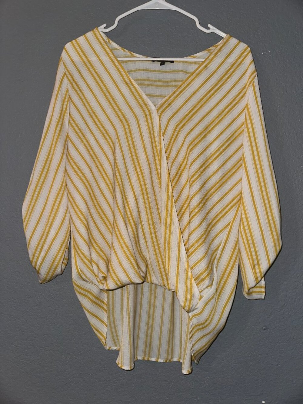 West Kei Yellow & White Stripe Surplice Roll Tab Sleeve Faux Wrap Blouse Size L